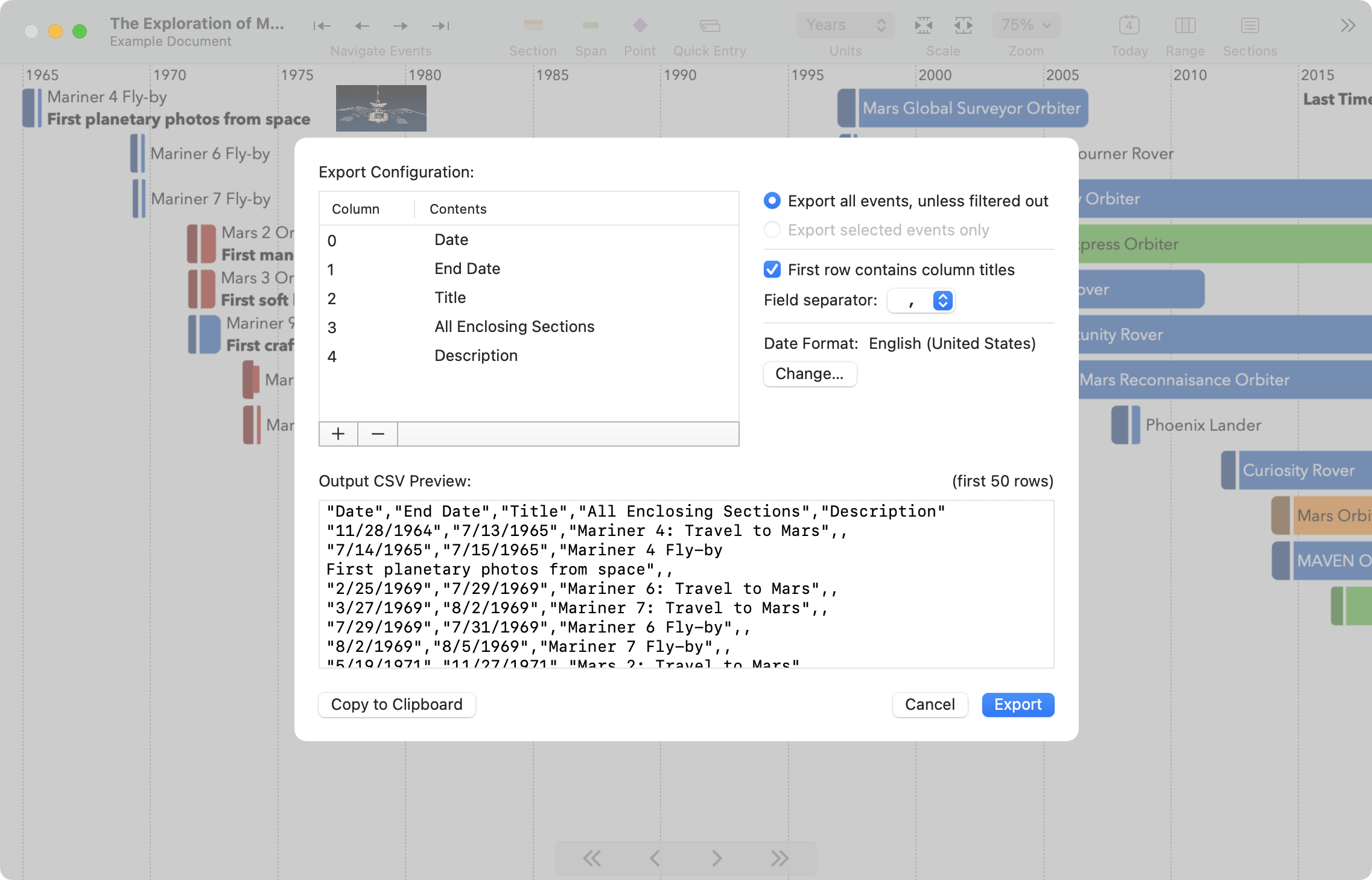 The CSV export dialog