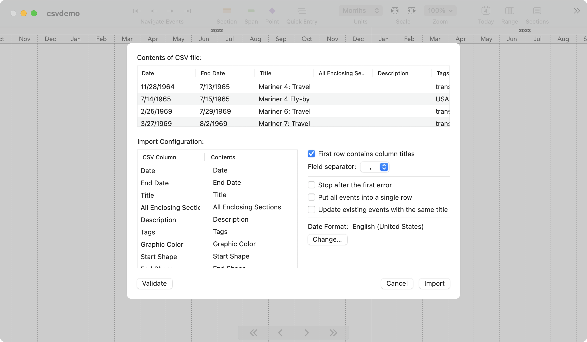 The CSV import dialog