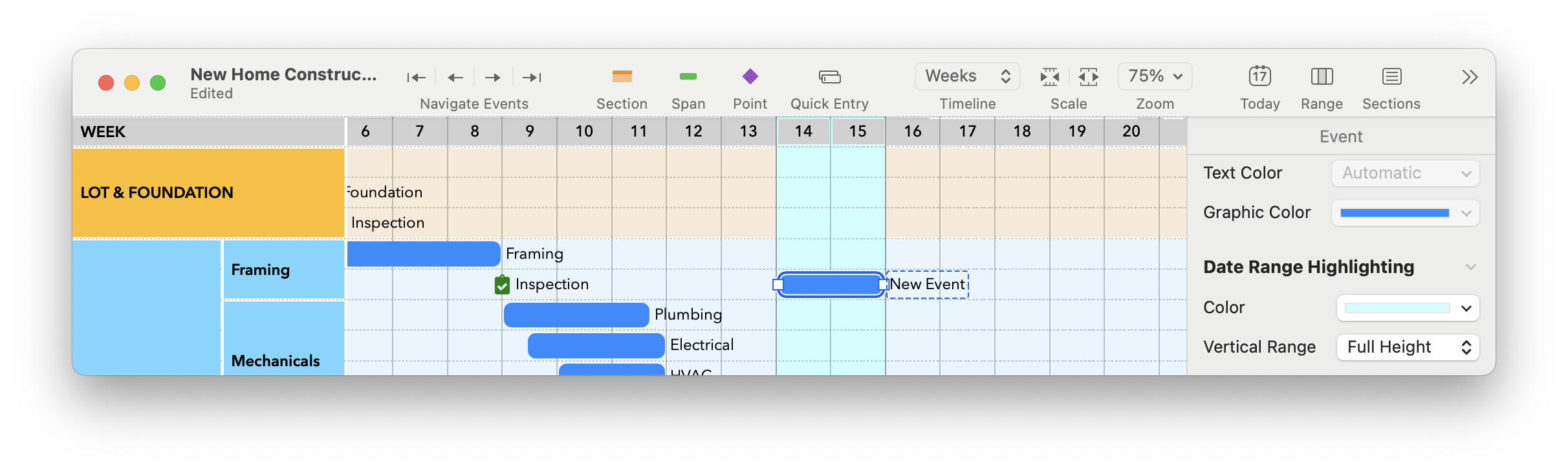 Screenshot of TimeStory, with one event selected, its date range highlighted in a pale blue, and the Date Range Highlighting section of the Inspector visible