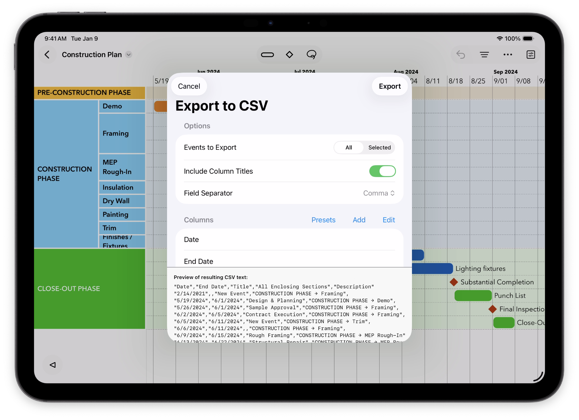 The CSV export dialog
