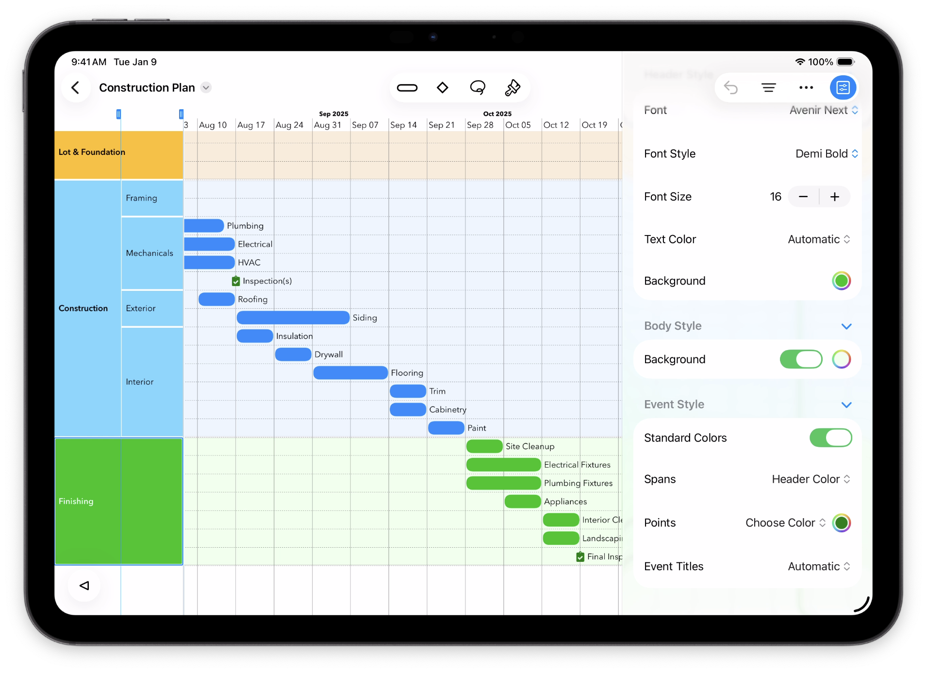 Standard Event Colors options in the Section Inspector