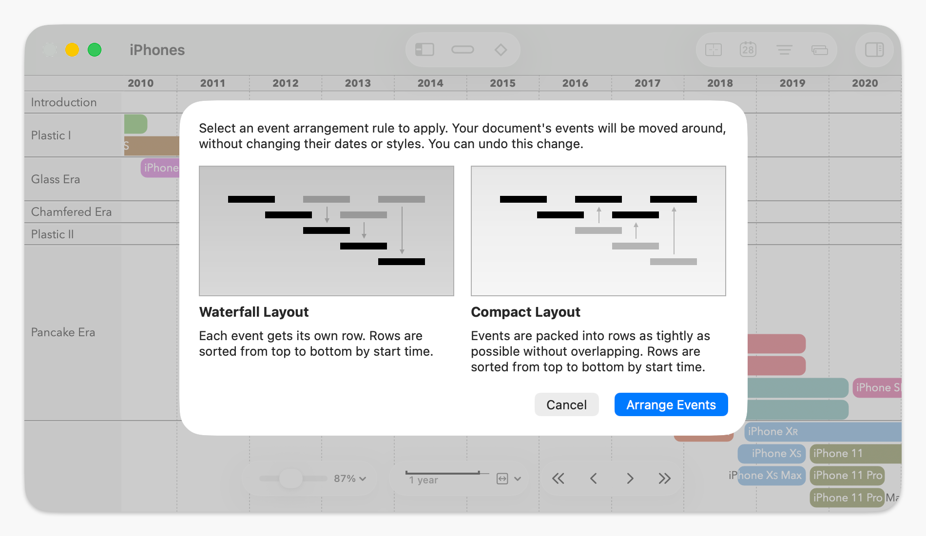 The Arrange Events dialog