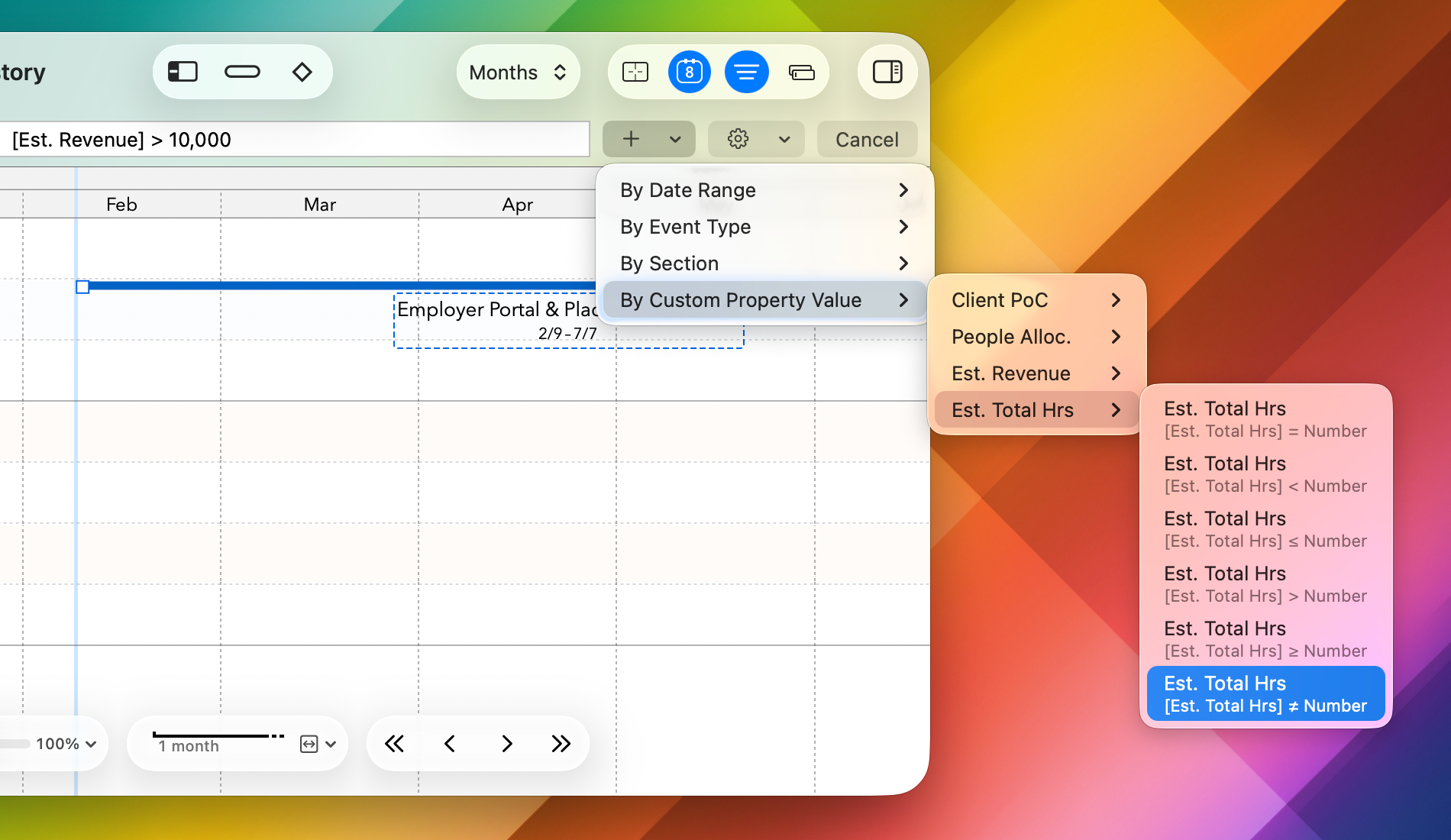 The Event Filter pop-up menu, showing example custom property templates