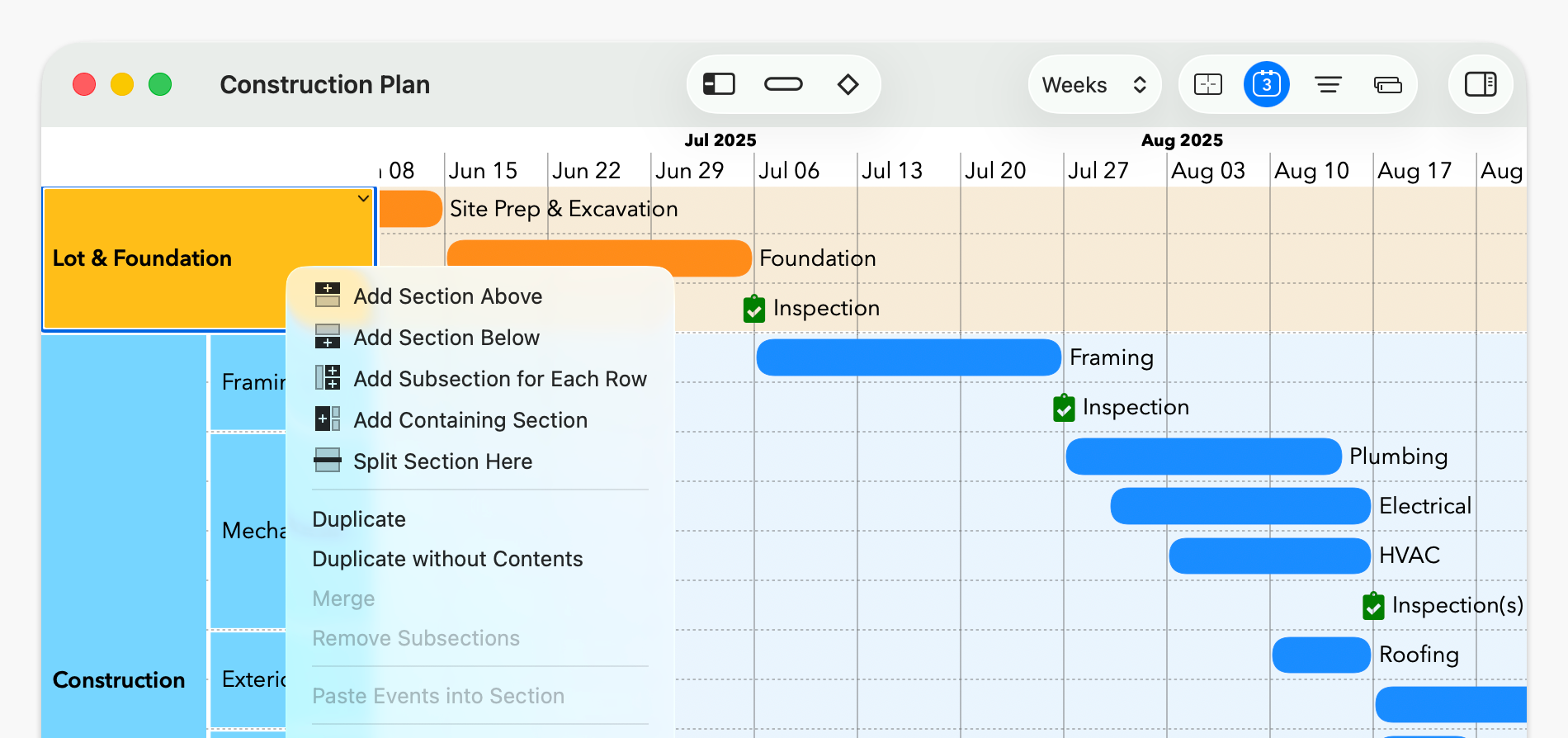 The top of the Section context menu