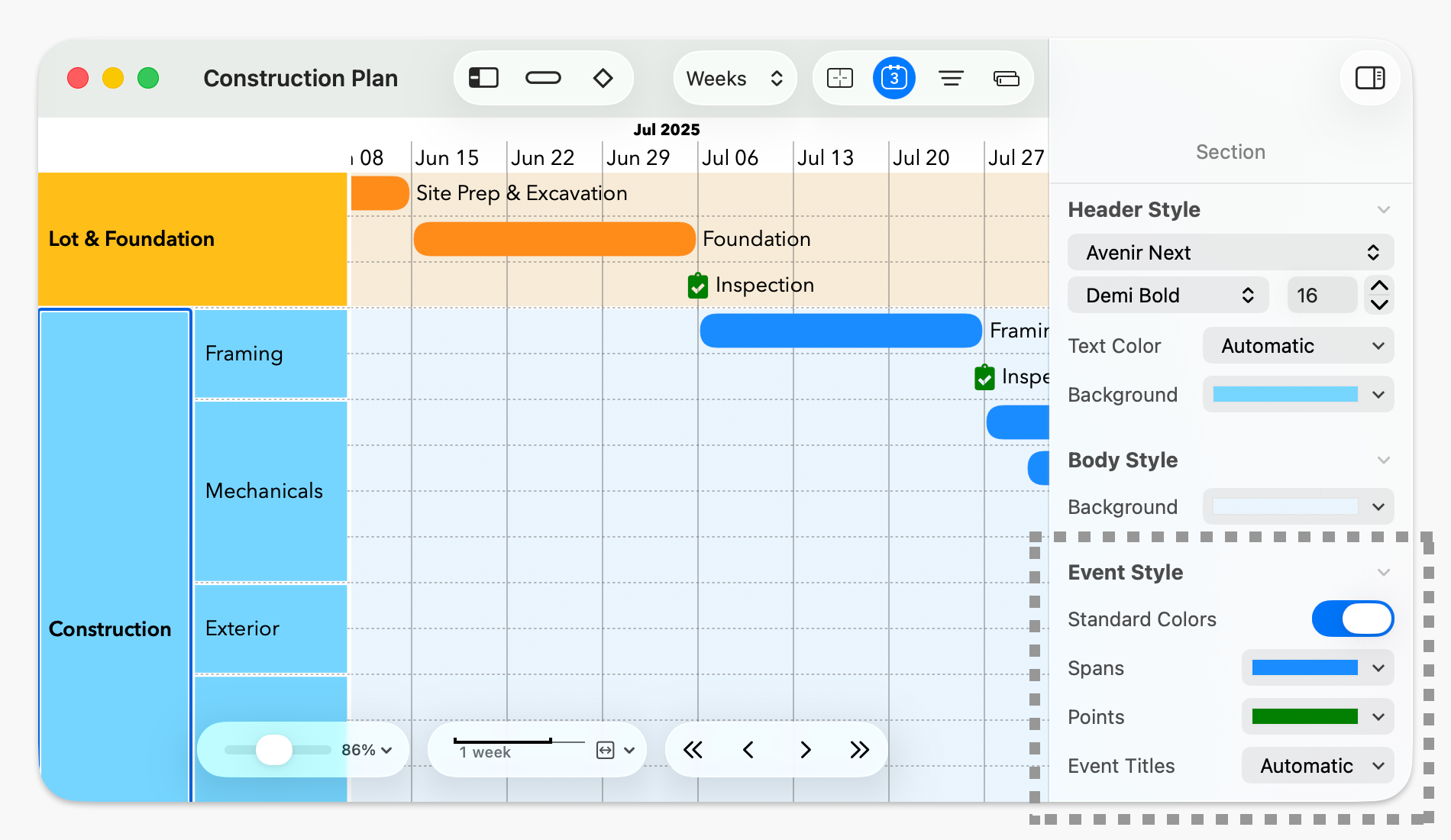 Standard Event Colors options in the Section Inspector