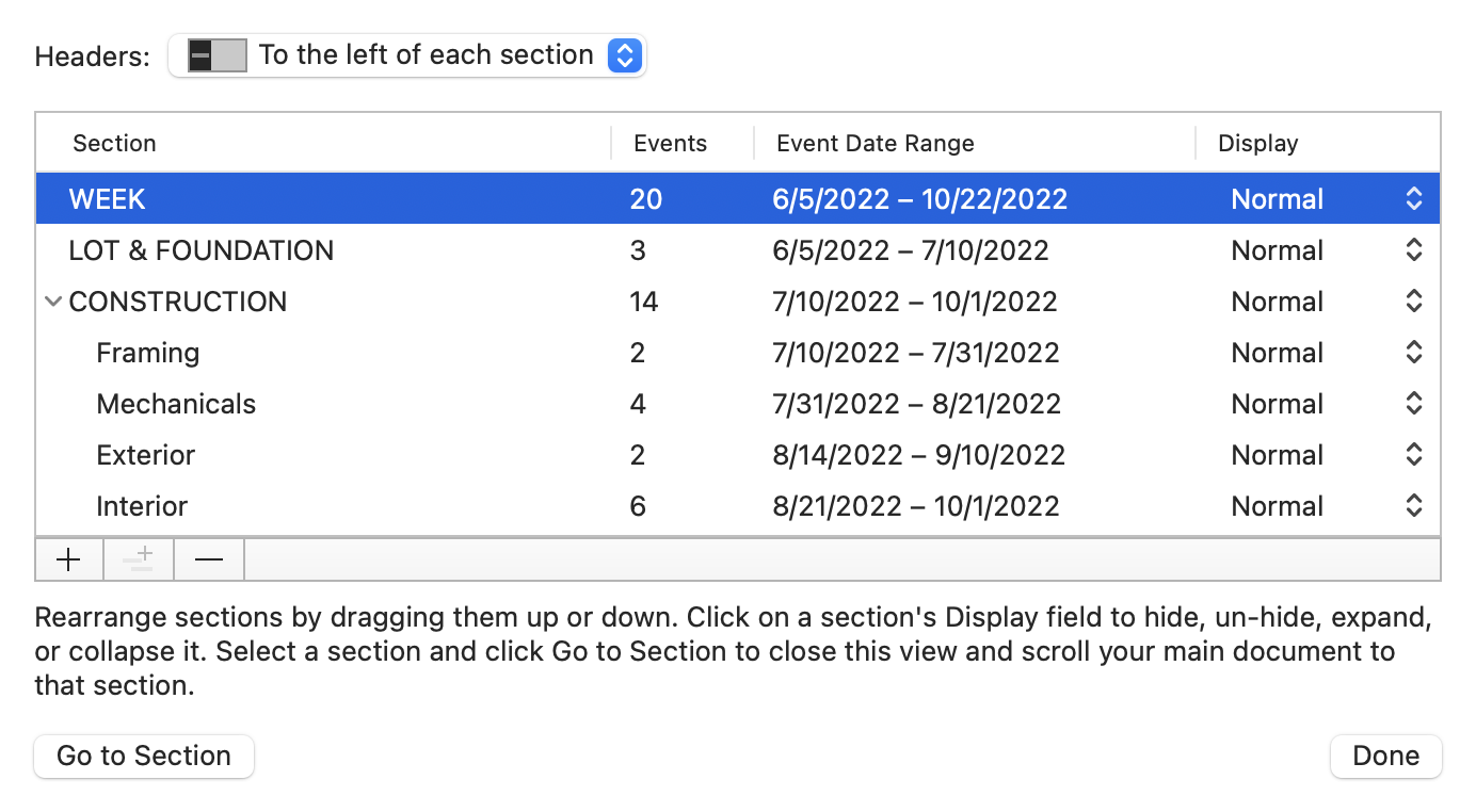 The Section Management dialog