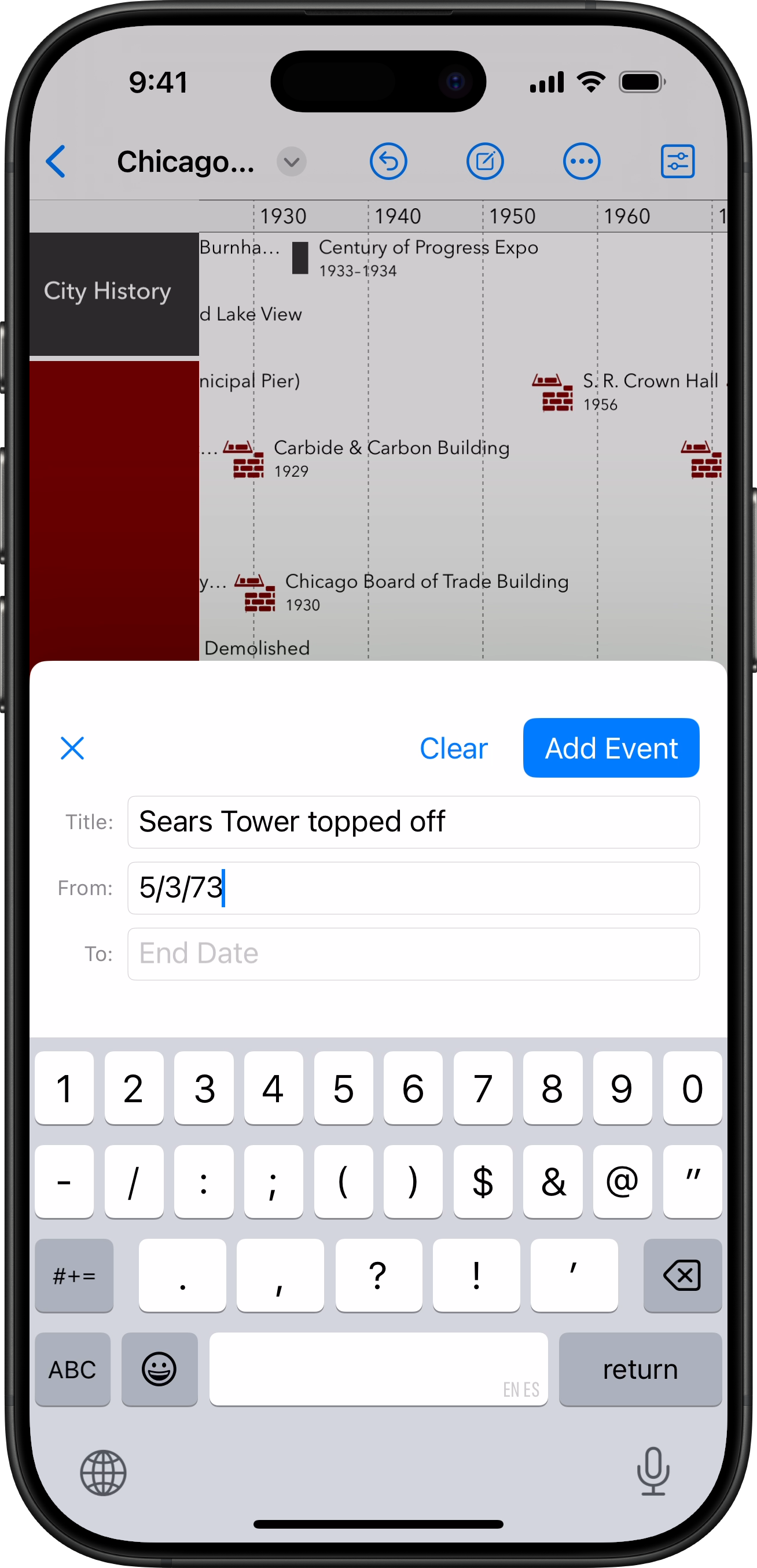 Quick Entry, demonstrated on an iPhone, adding an event to a Chicago architecture timeline