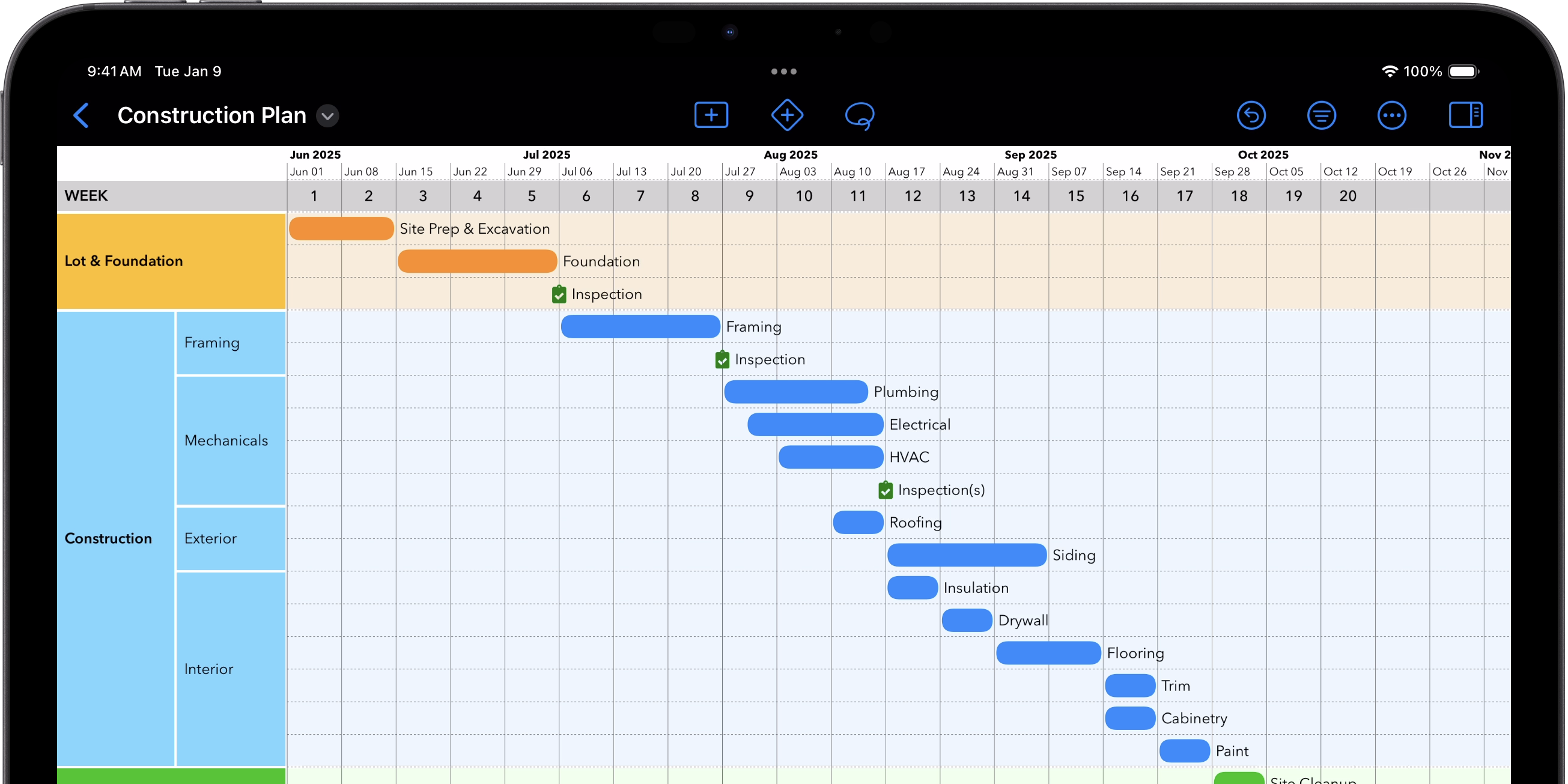 A screenshot of TimeStory for iPad within an iPad Pro (11-inch) bezel, showing a fictional Construction Plan timeline. On the left is a hierarchy of sections including Lot & Founcation, Construction, and more, with multiple subsections under Construction. In the timeline body, each section contains a series of tasks mapped out in time.