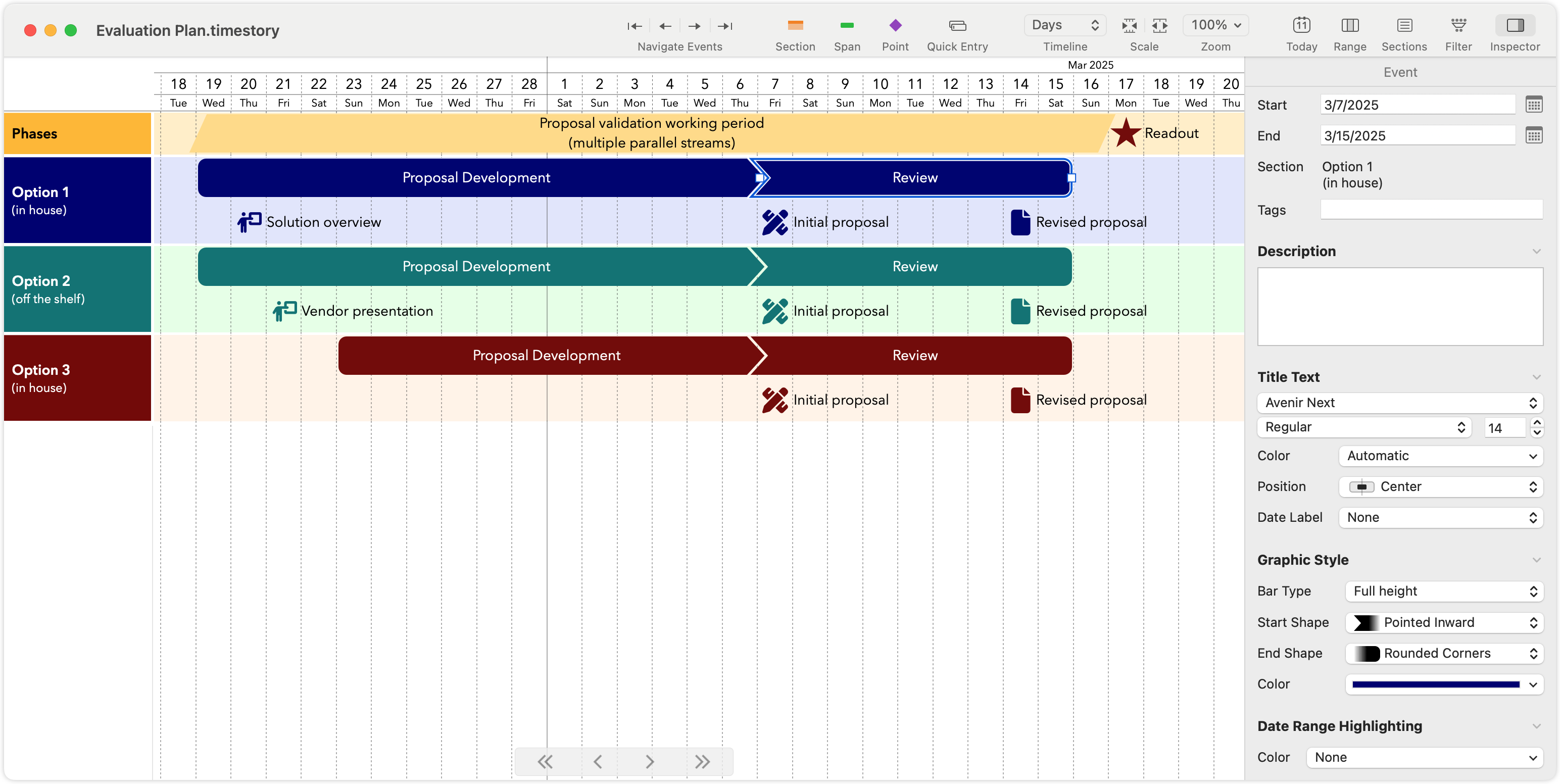 Screenshot of a TimeStory window on Mac, showing a fictional evaluation plan project timeline, which uses a mix of colors, shapes, and icons and has a customized timeline header with month, day, and day of week shown. The Inspector is also open, with an event selected, showcasing things like title font, text color, and event bar shape.