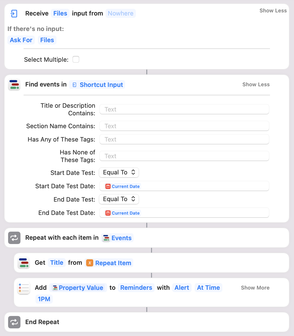 Shortcut listing, as a screenshot of the Shortcuts app