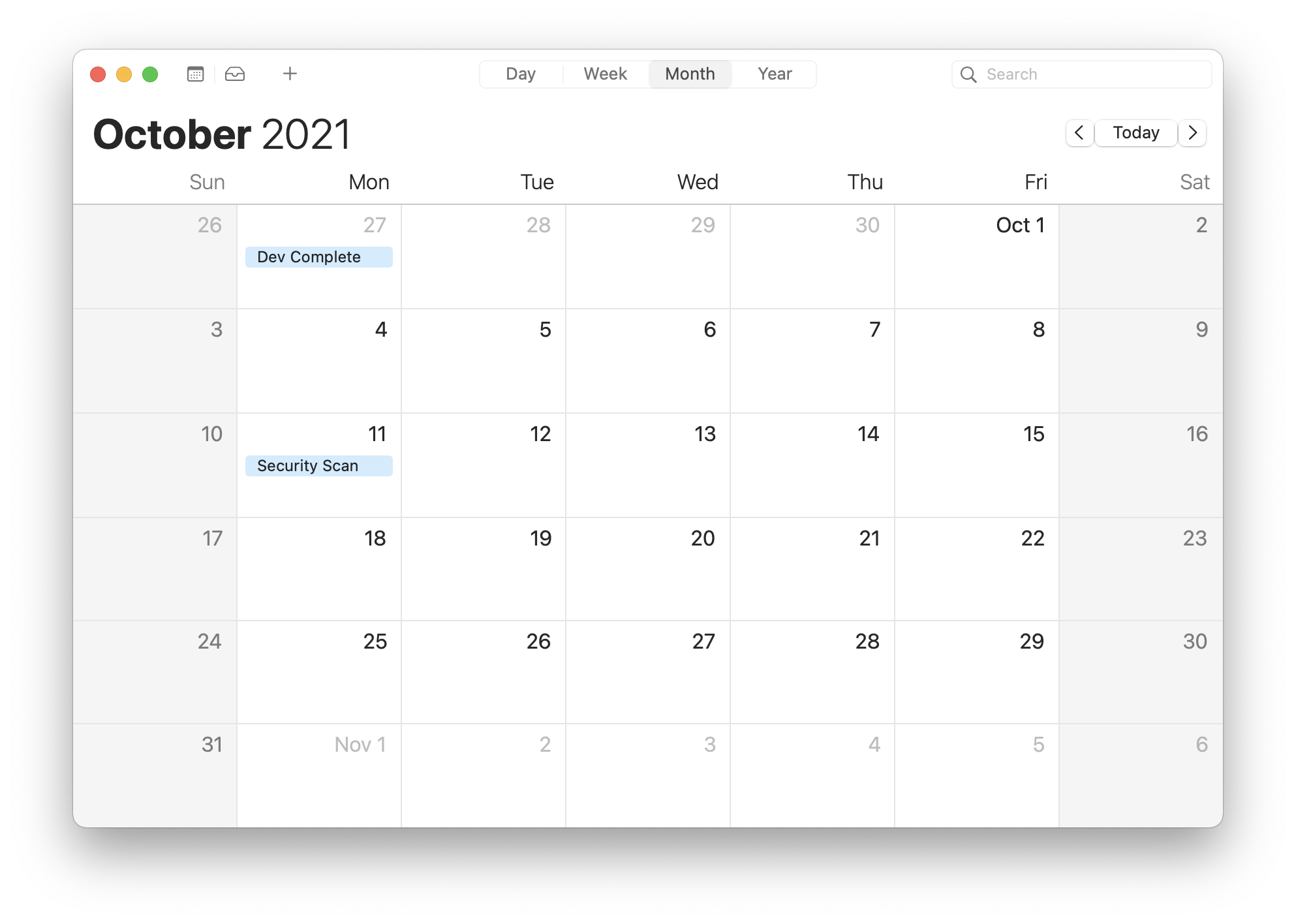Screenshot of macOS Calendar app, showing October, with a couple of events