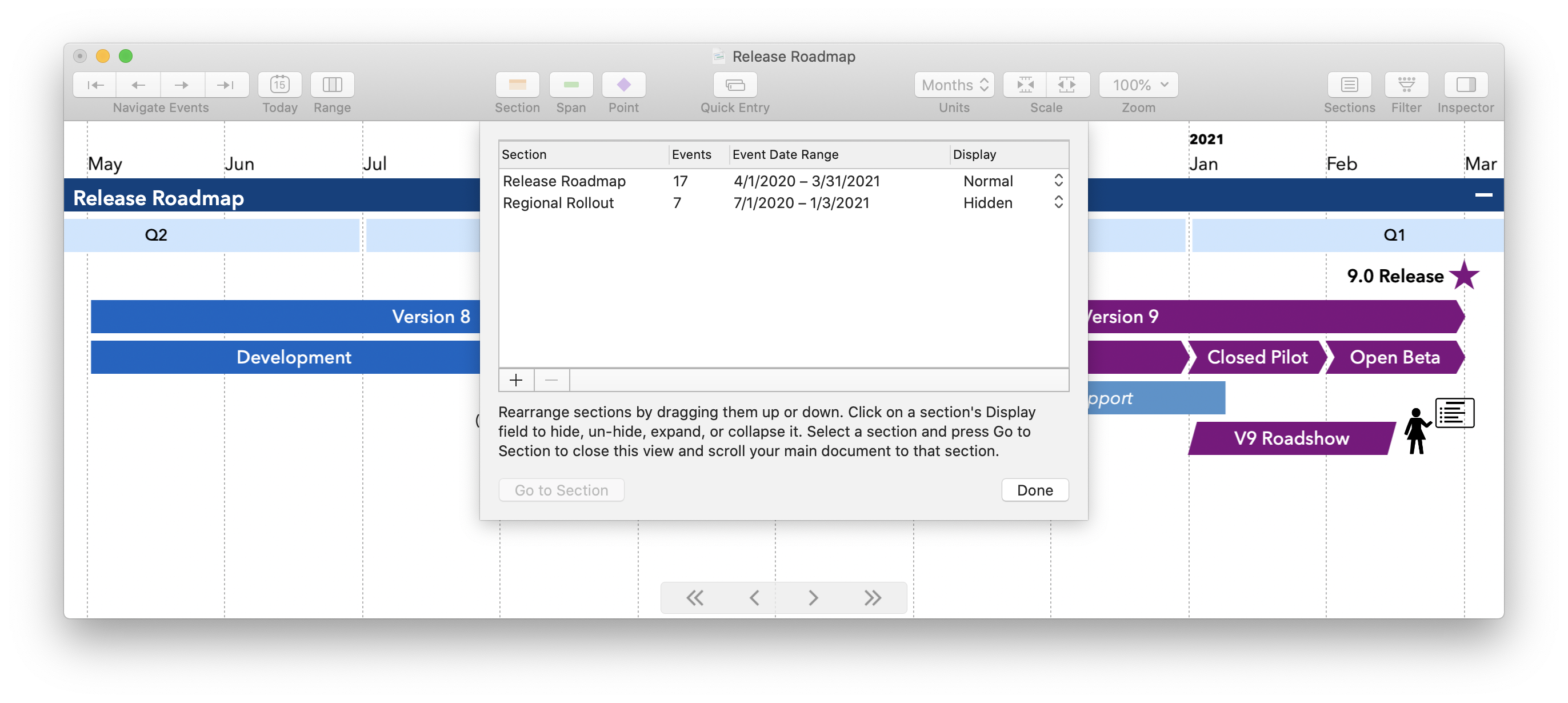 Screenshot: Manage Sections dialog